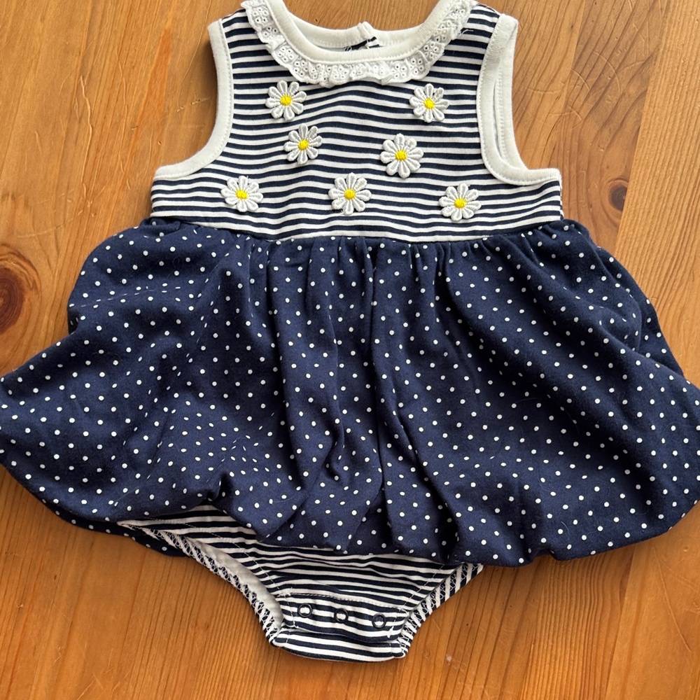 Little Me Navy and White Baby Romper Dress Outfit